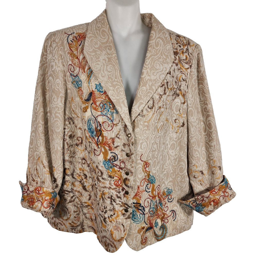 Coldwater Creek Womens Jacket 16 Embroidered Linen Blend Floral Beige Boho Chic